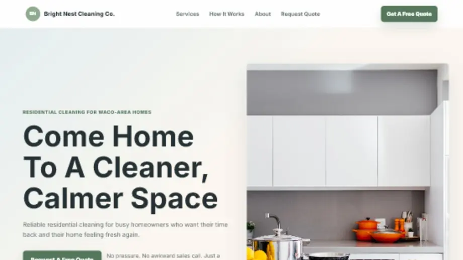 Bright Nest Cleaning Co. landing page hero with quote request call to action