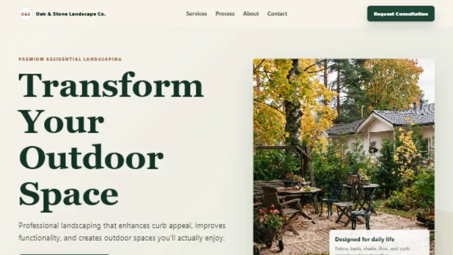 Oak & Stone Landscape Co. landing page hero with consultation call to action